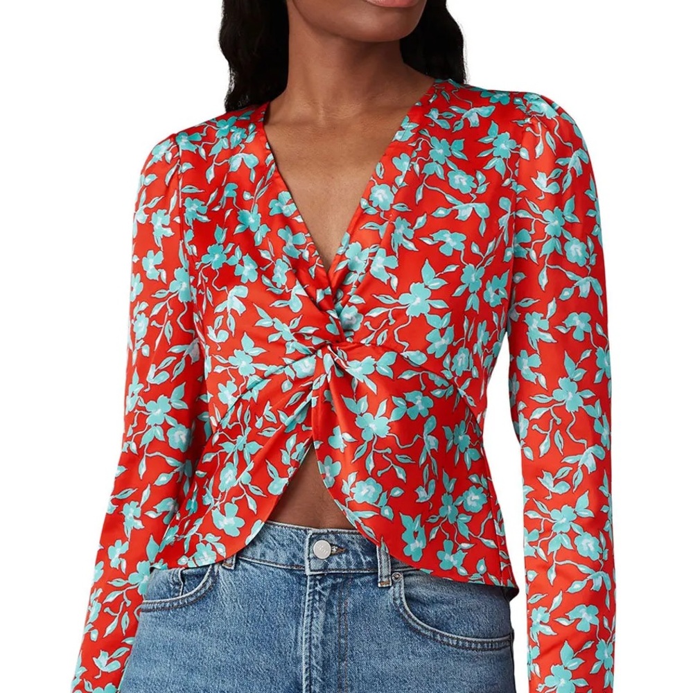 Love, Whit by Whitney Port Red/Blue Floral Satin Crop Top Sz XS Going out Resort